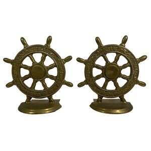Vintage Pair Solid Brass Detailed Nautical Navy Ship's Wheel Bookends 7x6.5